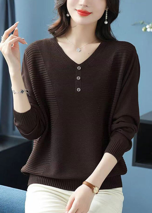 Loose Camel V Neck Wrinkled Cozy Wool Sweater Tops Spring