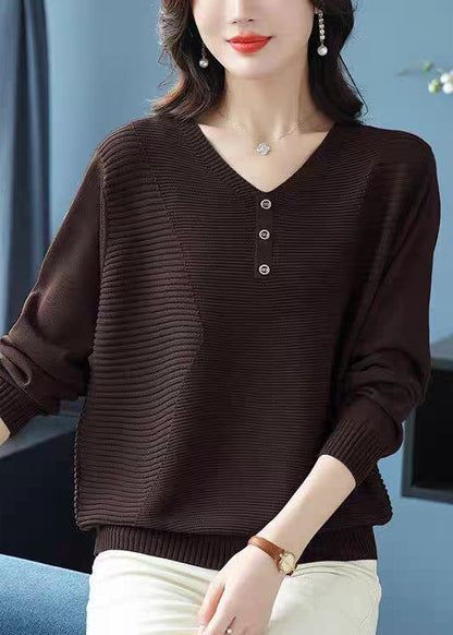 Loose Camel V Neck Wrinkled Cozy Wool Sweater Tops Spring