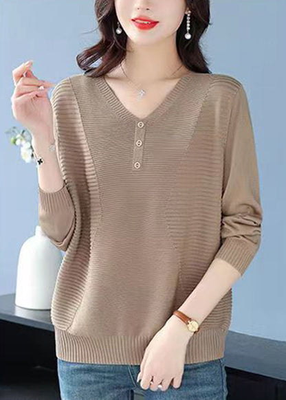 Loose Camel V Neck Wrinkled Cozy Wool Sweater Tops Spring