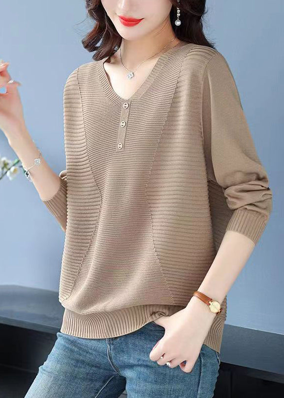 Loose Camel V Neck Wrinkled Cozy Wool Sweater Tops Spring