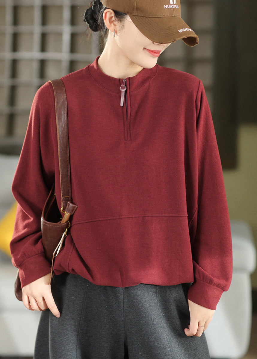 Loose Camel Zip Up Drawstring Patchwork Cotton Tops Fall