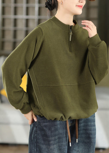 Loose Camel Zip Up Drawstring Patchwork Cotton Tops Fall