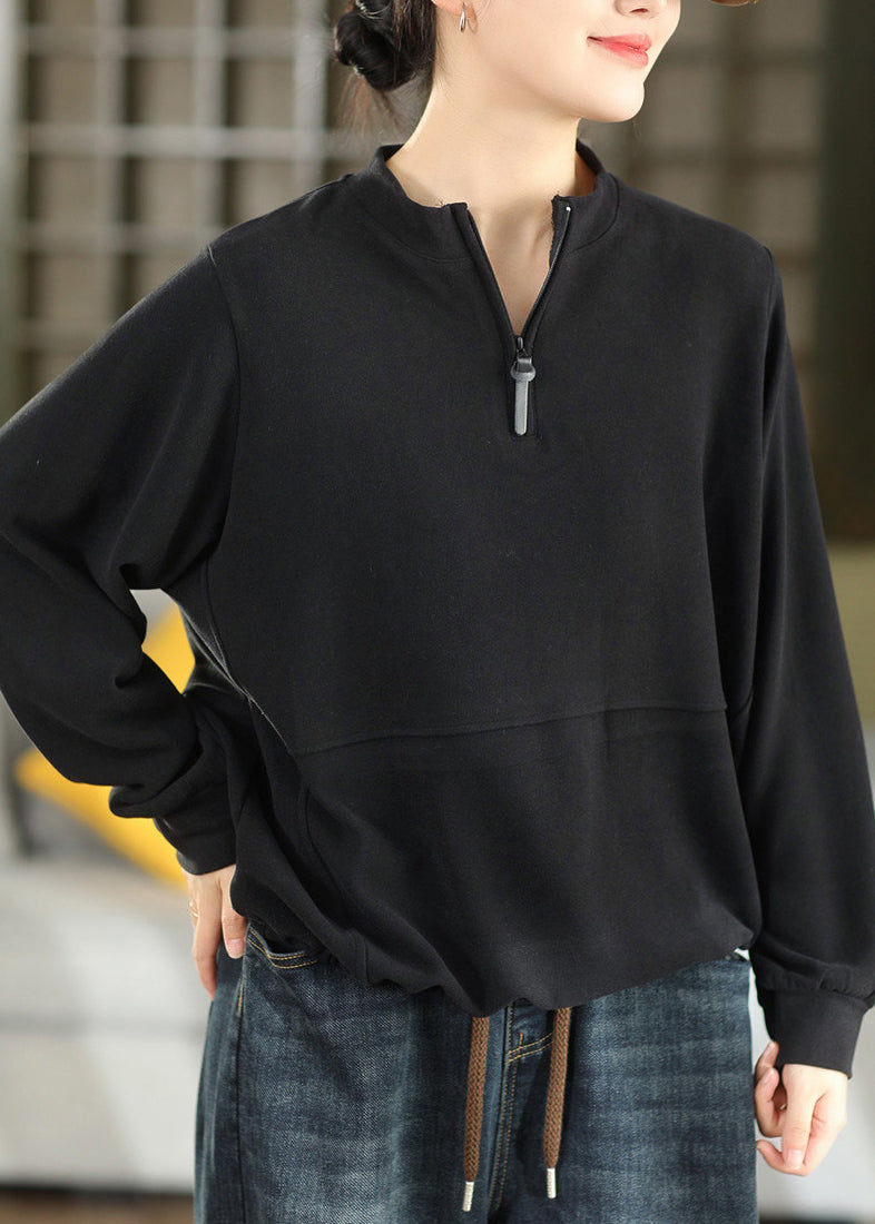 Loose Camel Zip Up Drawstring Patchwork Cotton Tops Fall