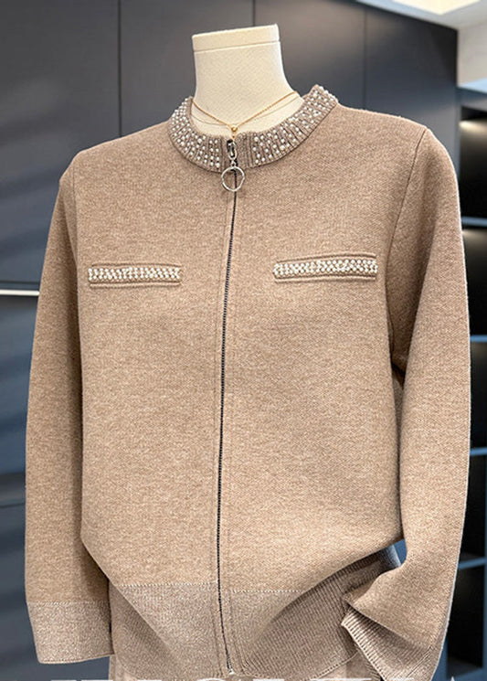 Loose Camel Zippered Nail Bead Cotton Knit Coat Spring