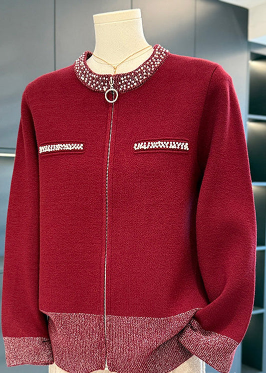 Loose Camel Zippered Nail Bead Cotton Knit Coat Spring