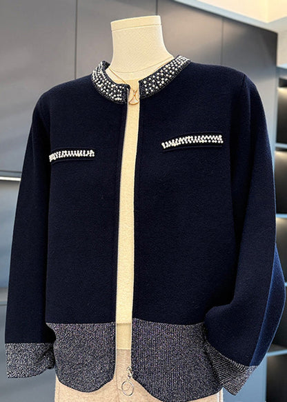 Loose Camel Zippered Nail Bead Cotton Knit Coat Spring