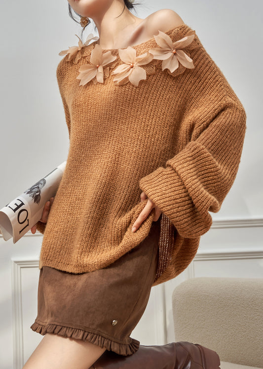 Loose Caramel Floral Cozy Knit Sweater Top Fall