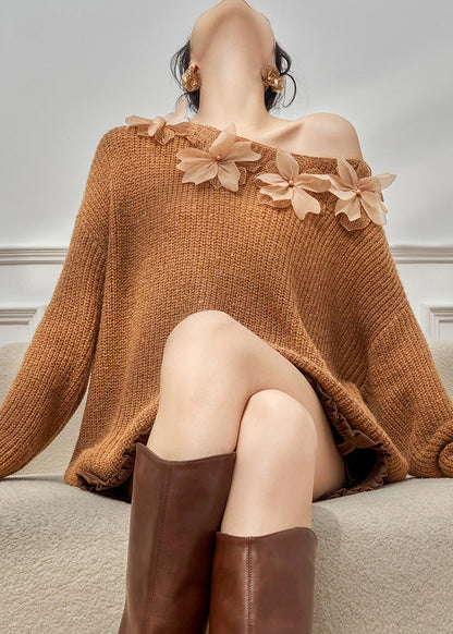 Loose Caramel Floral Cozy Knit Sweater Top Fall