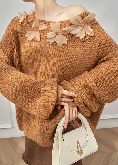 Loose Caramel Floral Cozy Knit Sweater Top Fall