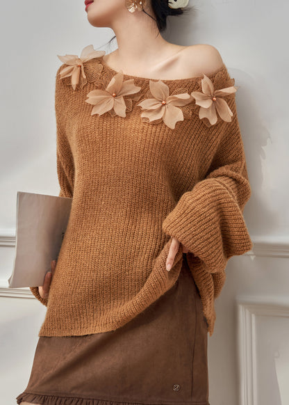Loose Caramel Floral Cozy Knit Sweater Top Fall