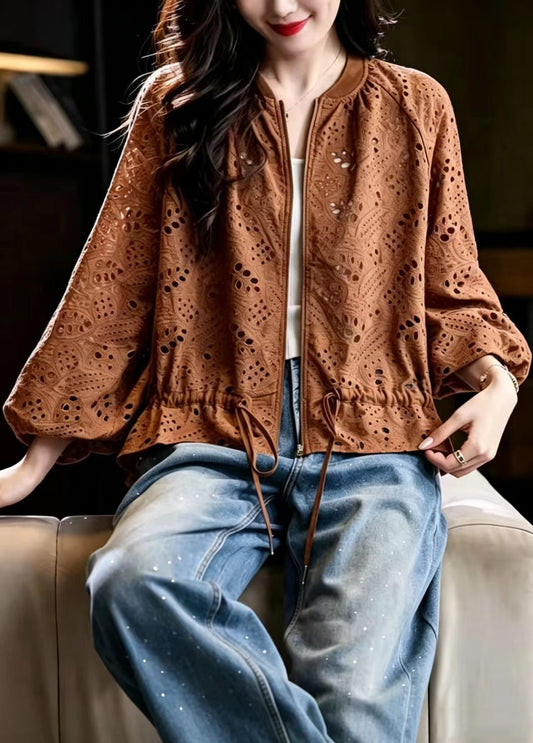 Loose Caramel O-Neck Hollow Out Drawstring Jacket Fall