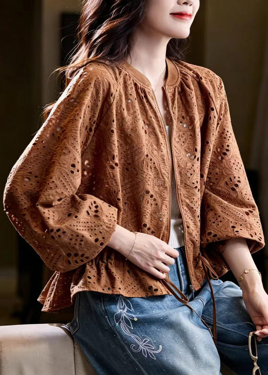 Loose Caramel O-Neck Hollow Out Drawstring Jacket Fall