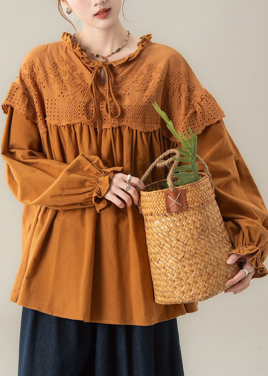Loose Caramel Ruffled Patchwork Top Lantern Sleeve