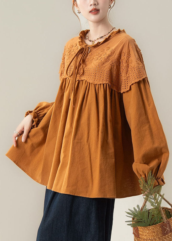 Loose Caramel Ruffled Patchwork Top Lantern Sleeve