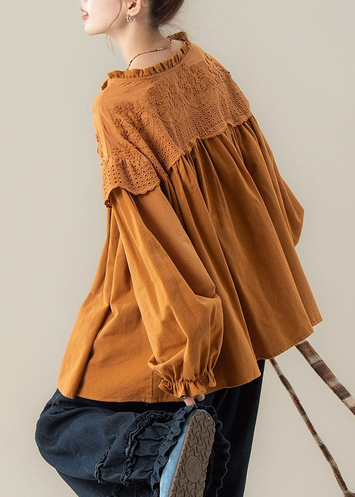 Loose Caramel Ruffled Patchwork Top Lantern Sleeve