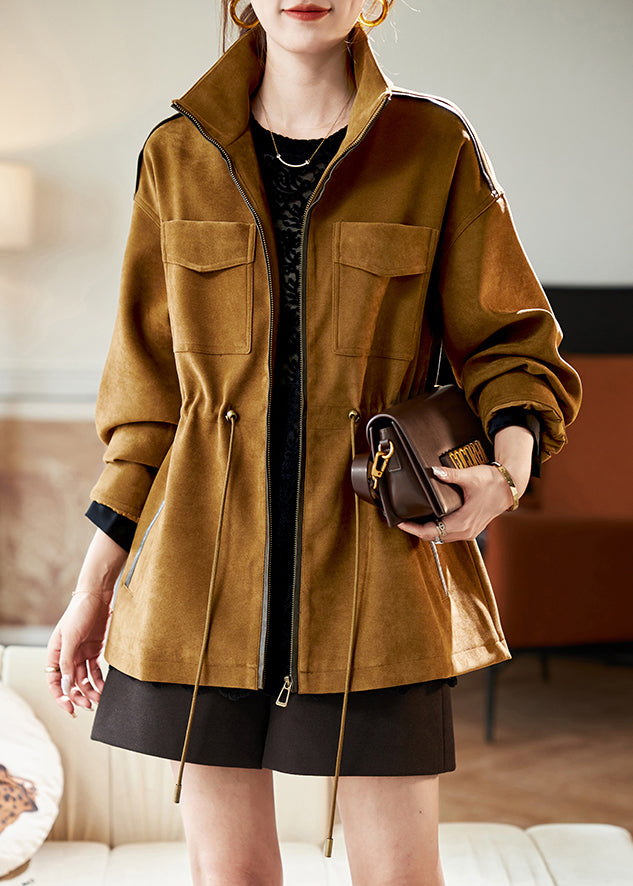 Loose Caramel Stand Collar Drawstring Pockets Cotton Coat Winter