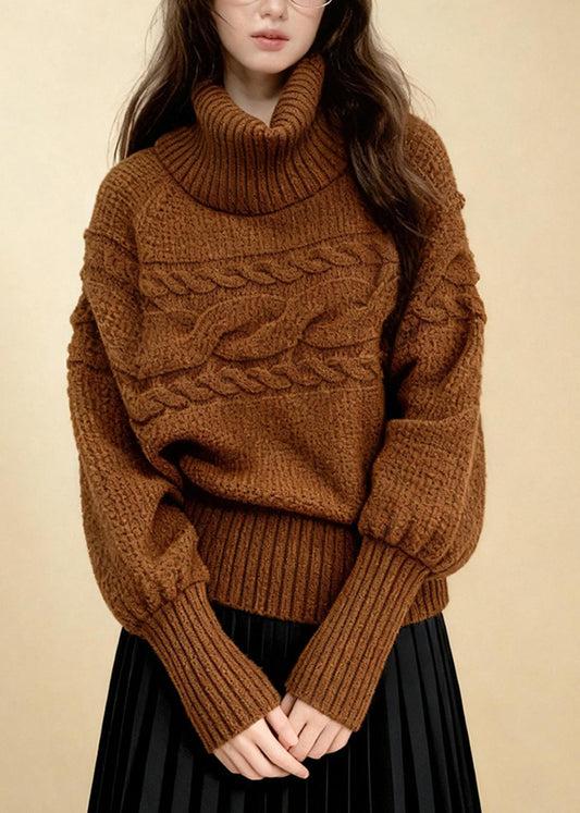 Loose Caramel Turtleneck Cozy Cotton Knit Sweater Lantern Sleeve