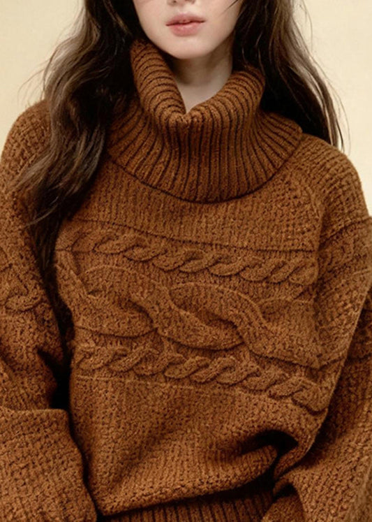Loose Caramel Turtleneck Cozy Cotton Knit Sweater Lantern Sleeve