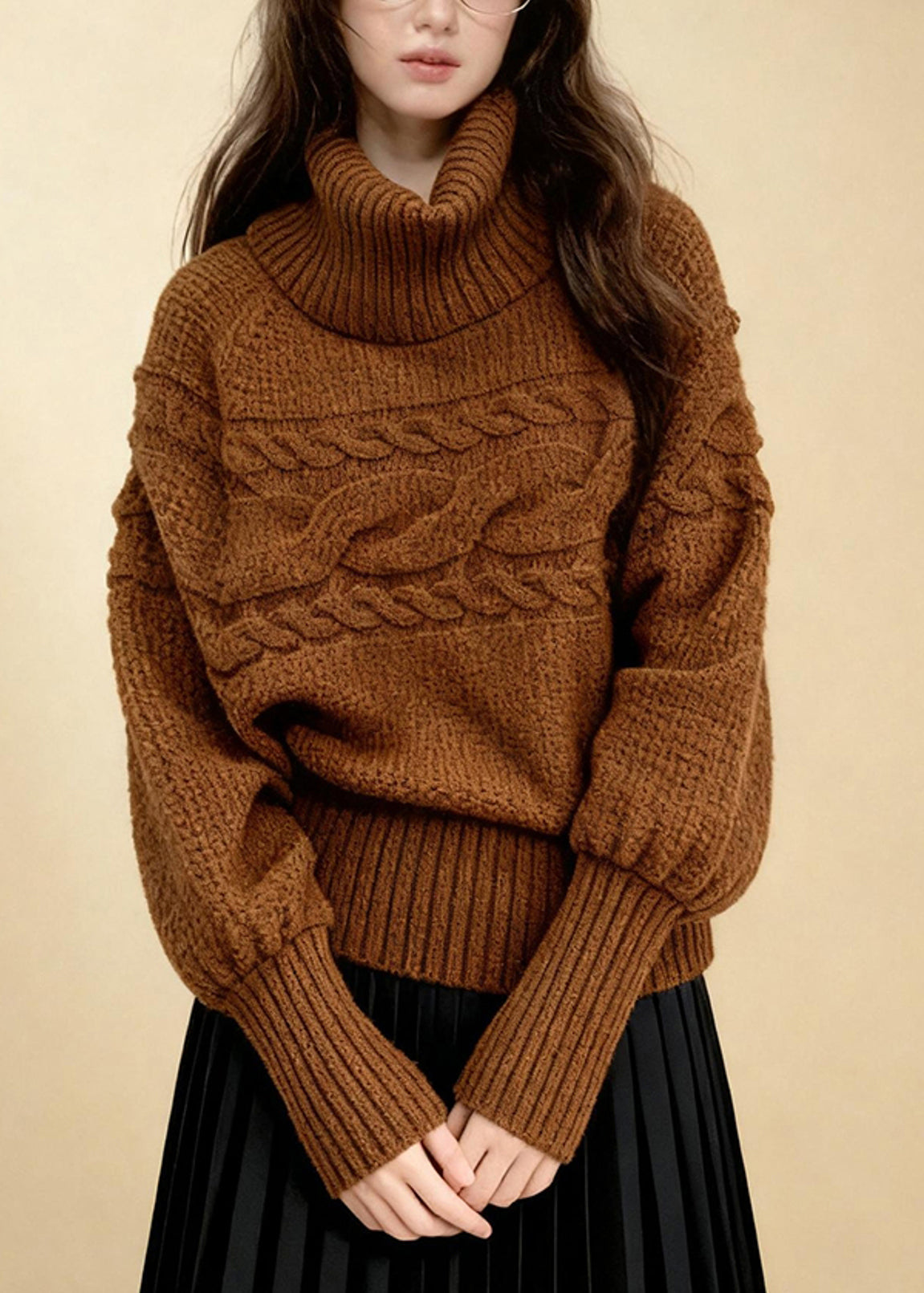 Loose Caramel Turtleneck Cozy Cotton Knit Sweater Lantern Sleeve