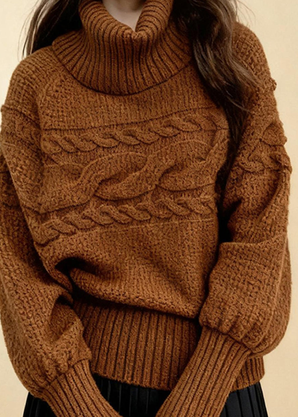 Loose Caramel Turtleneck Cozy Cotton Knit Sweater Lantern Sleeve