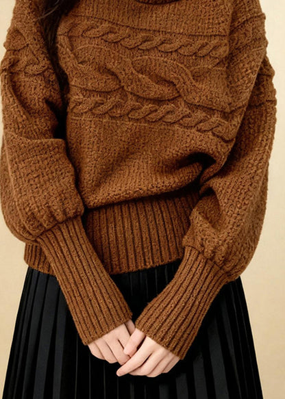 Loose Caramel Turtleneck Cozy Cotton Knit Sweater Lantern Sleeve