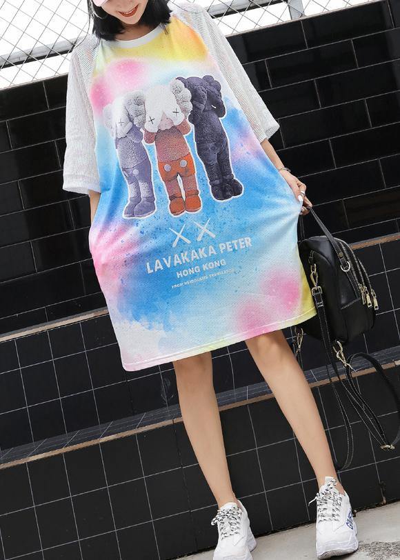 Loose Cartoon print blended tunics for women short sleeve loose summer Dress - SooLinen