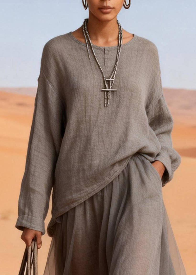 Loose Charcoal Grey Pockets Tops And Skirts Tulle Patchwork Two Pieces Set Spring