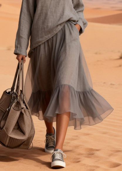 Loose Charcoal Grey Pockets Tops And Skirts Tulle Patchwork Two Pieces Set Spring