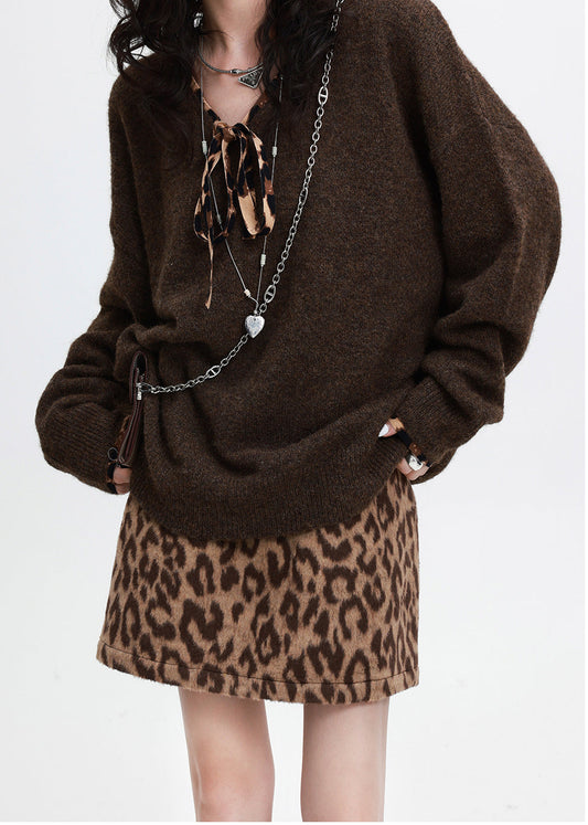 Loose Chocolate V Neck Leopard Knit Sweater Winter