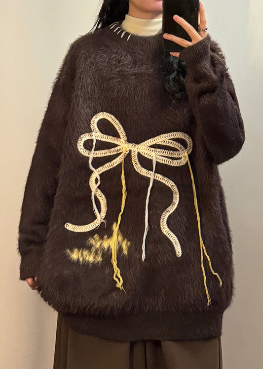 Loose Coffee Bow Thick Mink Hair Knitted Sweater Winter