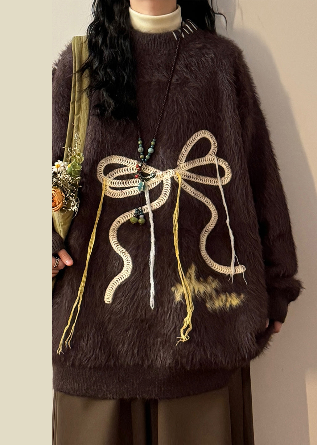Loose Coffee Bow Thick Mink Hair Knitted Sweater Winter