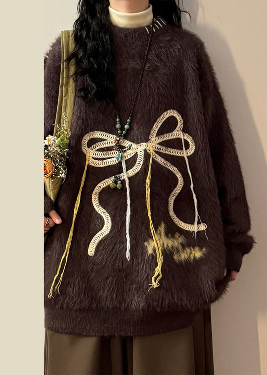 Loose Coffee Bow Thick Mink Hair Knitted Sweater Winter