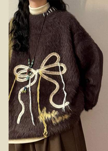 Loose Coffee Bow Thick Mink Hair Knitted Sweater Winter