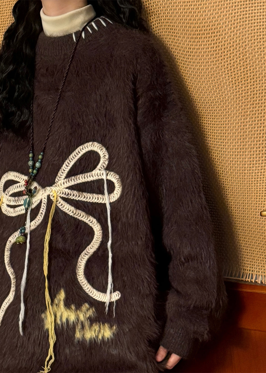 Loose Coffee Bow Thick Mink Hair Knitted Sweater Winter