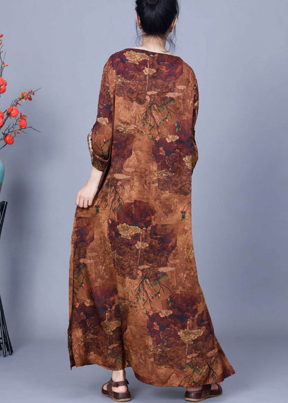 Loose Coffee Button Print Silk Maxi Dresses Bracelet Sleeve