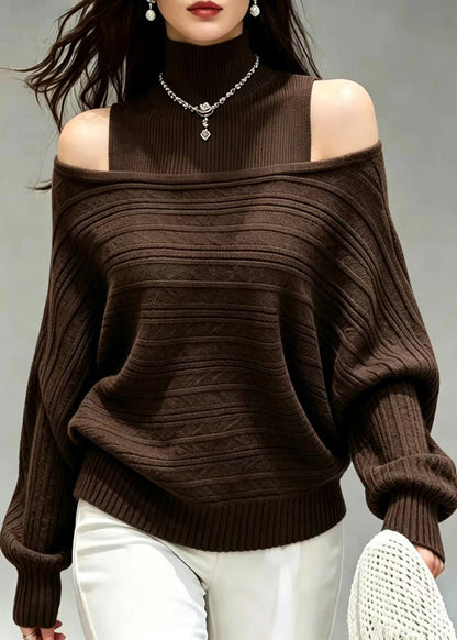 Loose Coffee Cold Shoulder Knit Vest And Sweater Two Pieces Set Fall