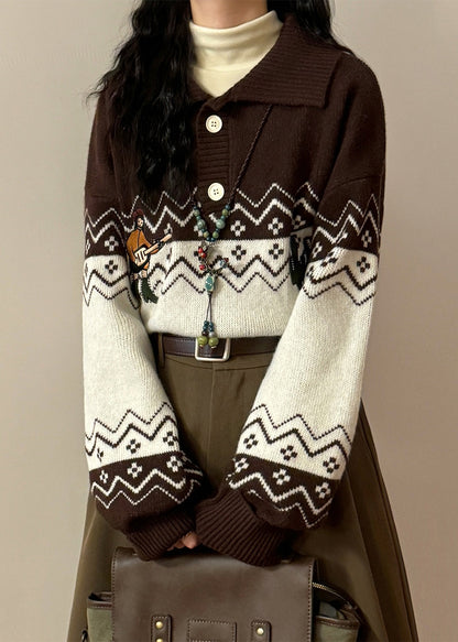 Loose Coffee Embroidered Button Patchwork Knit Sweater Spring