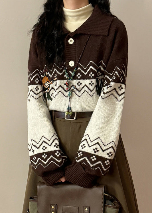 Loose Coffee Embroidered Button Patchwork Knit Sweater Spring
