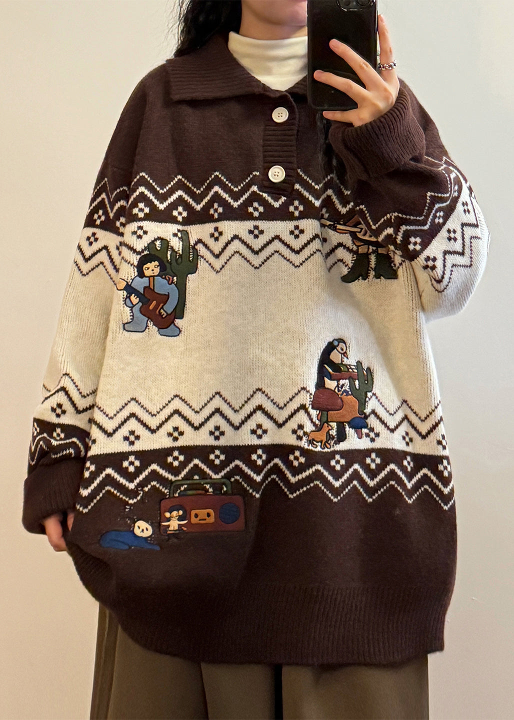 Loose Coffee Embroidered Button Patchwork Knit Sweater Spring