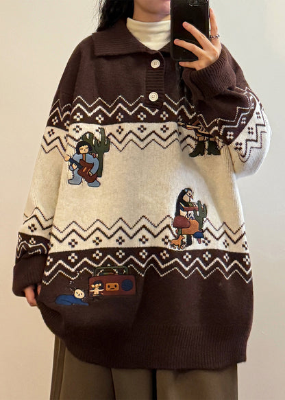 Loose Coffee Embroidered Button Patchwork Knit Sweater Spring