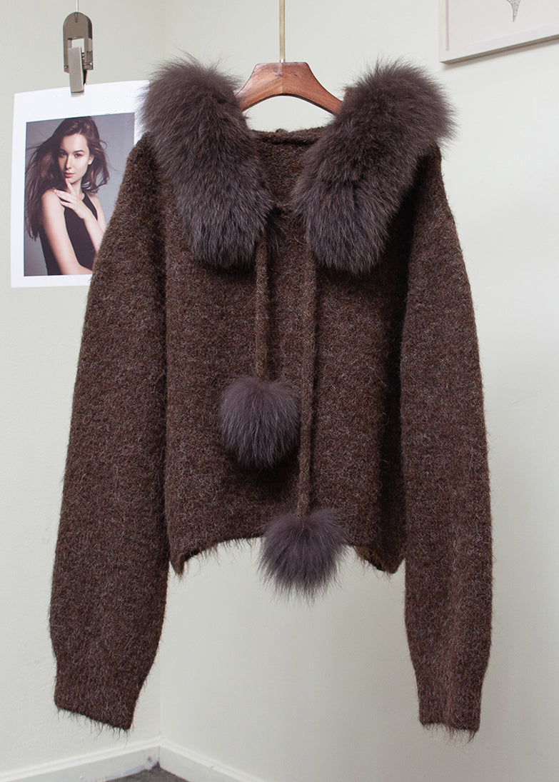 Loose Coffee Fox Collar Fuzzy Ball Decorated Knit Sweaters