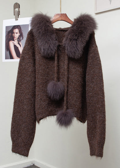 Loose Coffee Fox Collar Fuzzy Ball Decorated Knit Sweaters