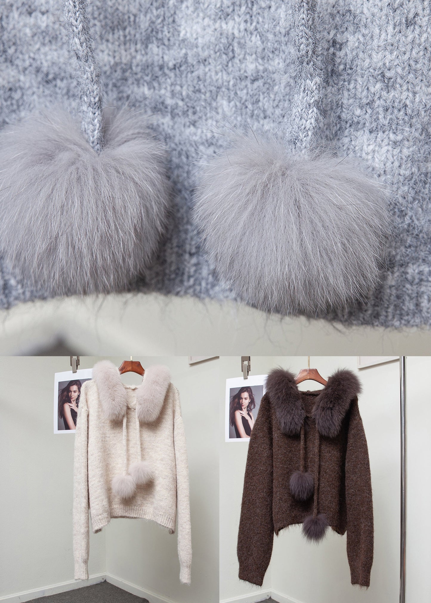 Loose Coffee Fox Collar Fuzzy Ball Decorated Knit Sweaters