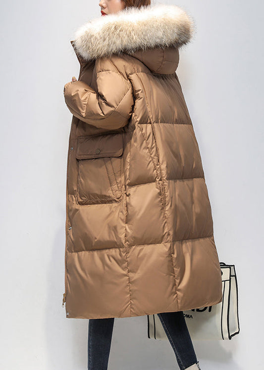 Loose Coffee Fur Collar Hooded Pockets Duck Down Long Coat Winter