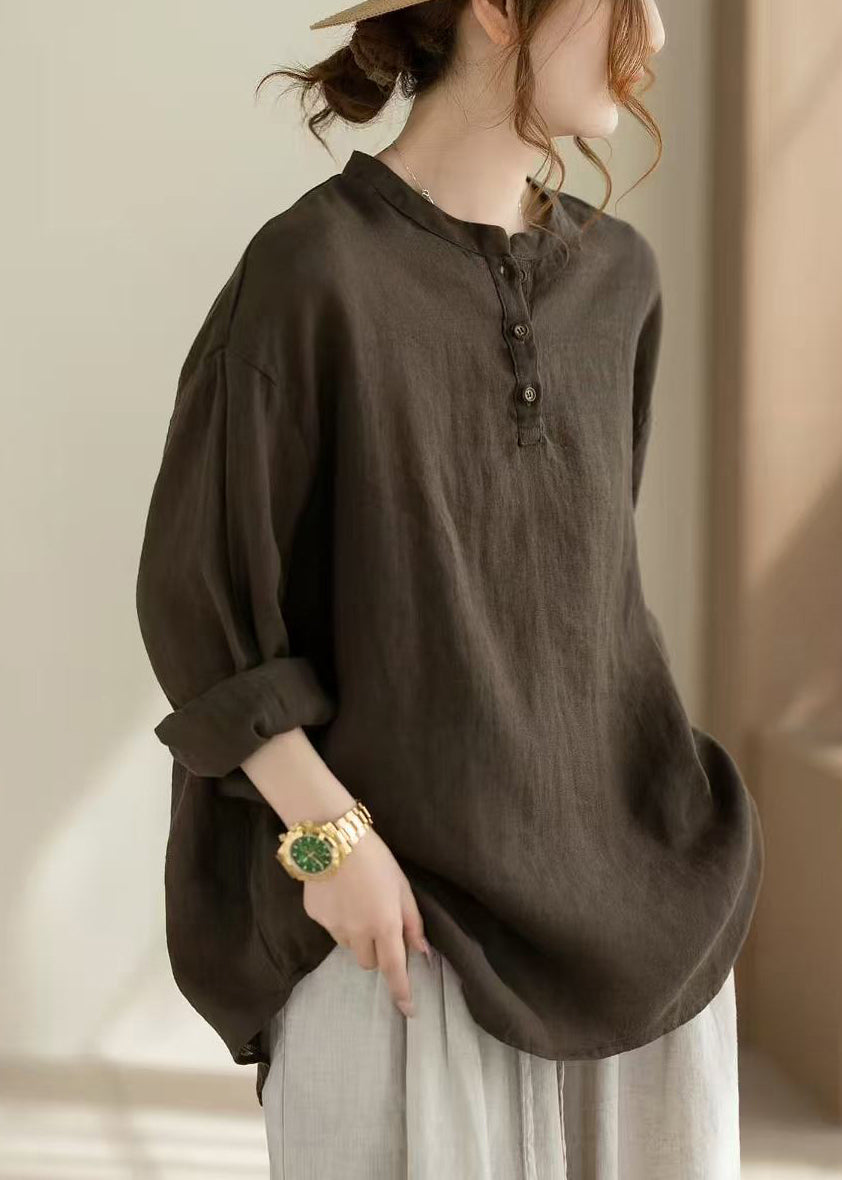 Loose Coffee Henry Collar Cotton Linen Blouse Top Long Sleeve