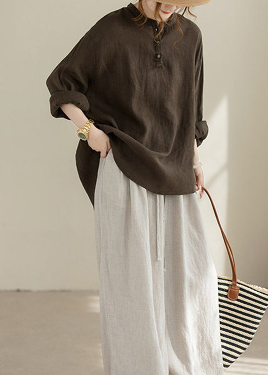 Loose Coffee Henry Collar Cotton Linen Blouse Top Long Sleeve