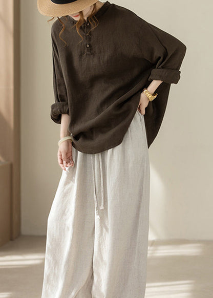 Loose Coffee Henry Collar Cotton Linen Blouse Top Long Sleeve