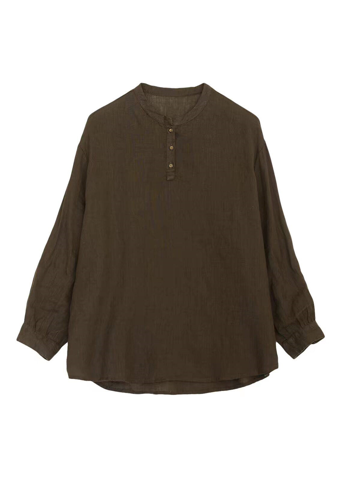 Loose Coffee Henry Collar Cotton Linen Blouse Top Long Sleeve