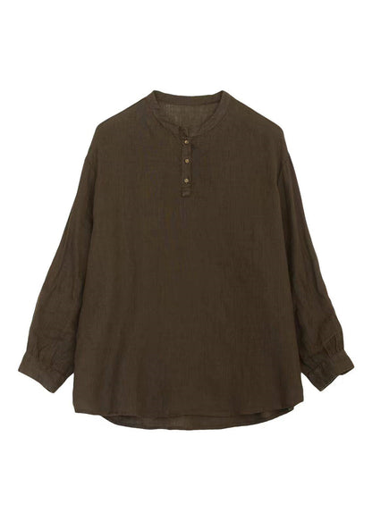 Loose Coffee Henry Collar Cotton Linen Blouse Top Long Sleeve