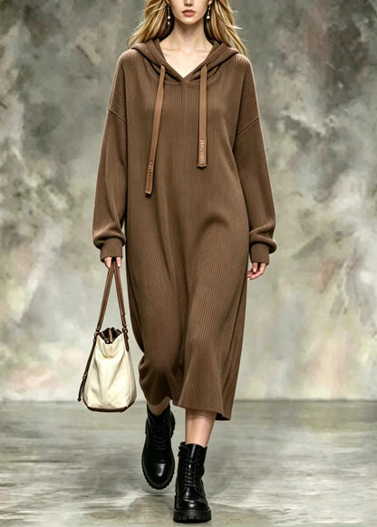 Loose Coffee Hooded Drawstring Corduroy Long Sweatshirt Dress Fall